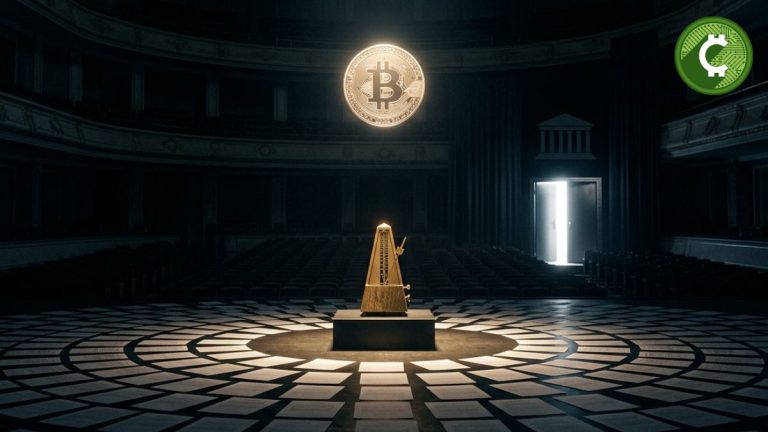 Una sala de conciertos vacía con un metrónomo dorado detenido y una moneda de Bitcoin suspendida, simbolizando la calma del mercado de opciones antes de la decisión de la Reserva Federal.