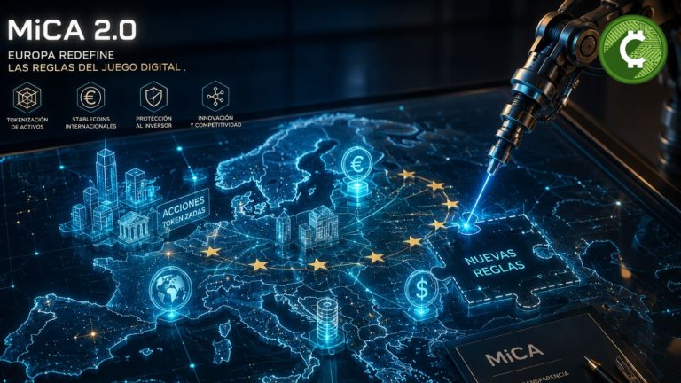 Plano holográfico de Europa mientras un brazo robótico rediseña la regulación MiCA para incluir la tokenización y las stablecoins.
