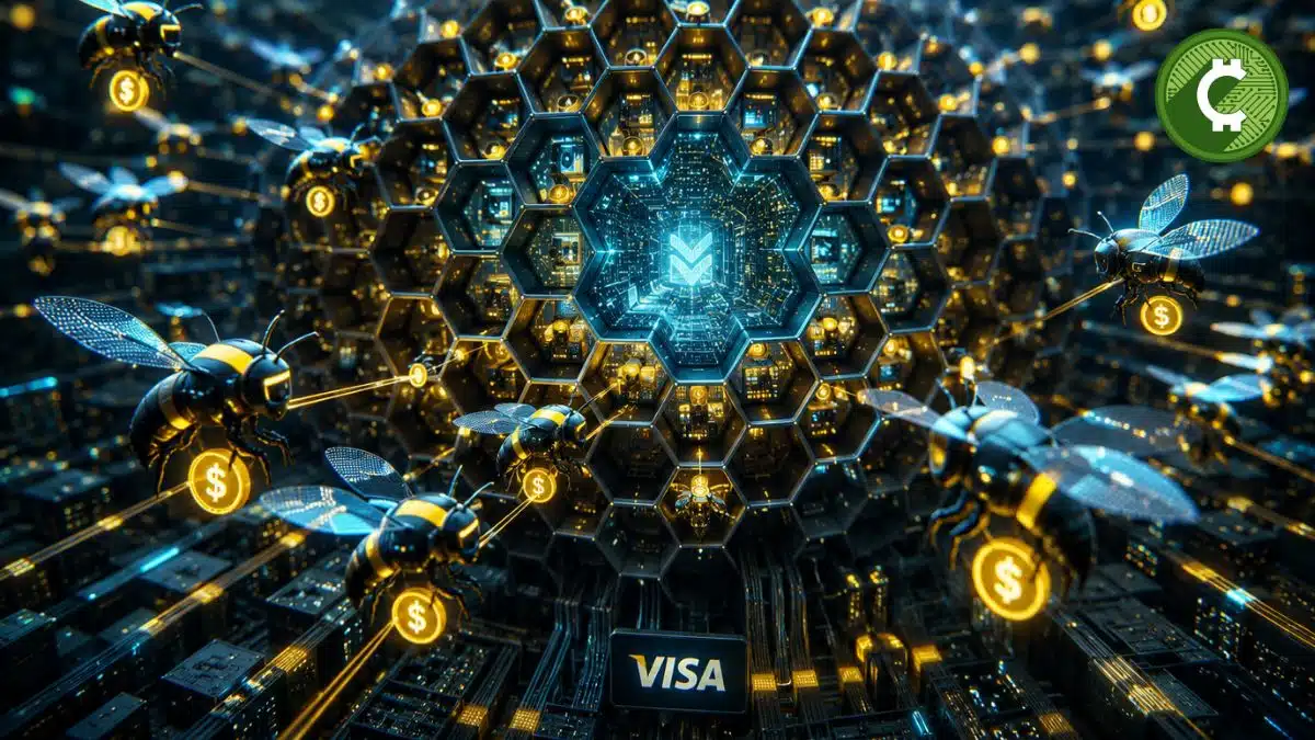 Ilustración conceptual de una colmena digital donde agentes de inteligencia artificial intercambian micropagos con stablecoins, representando la visión de Visa sobre el futuro de la economía agéntica.