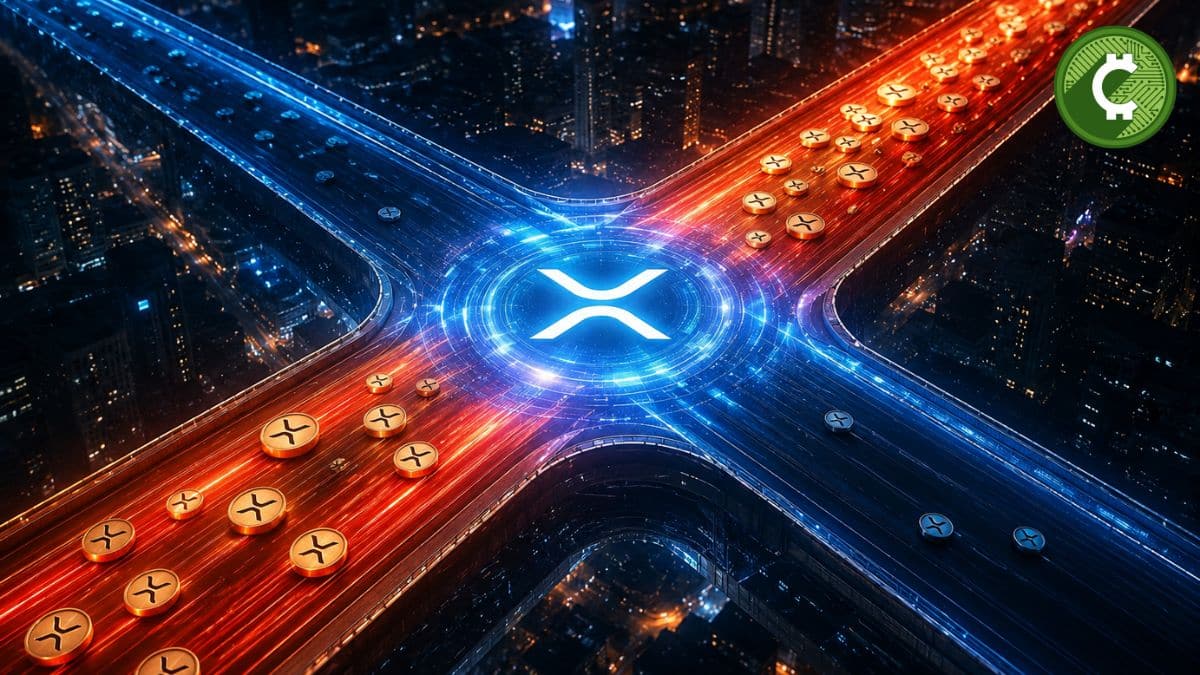 Ilustración de un cruce de autopistas futurista que representa el doble Golden Cross de XRP tras superar la resistencia de 1,13 dólares.