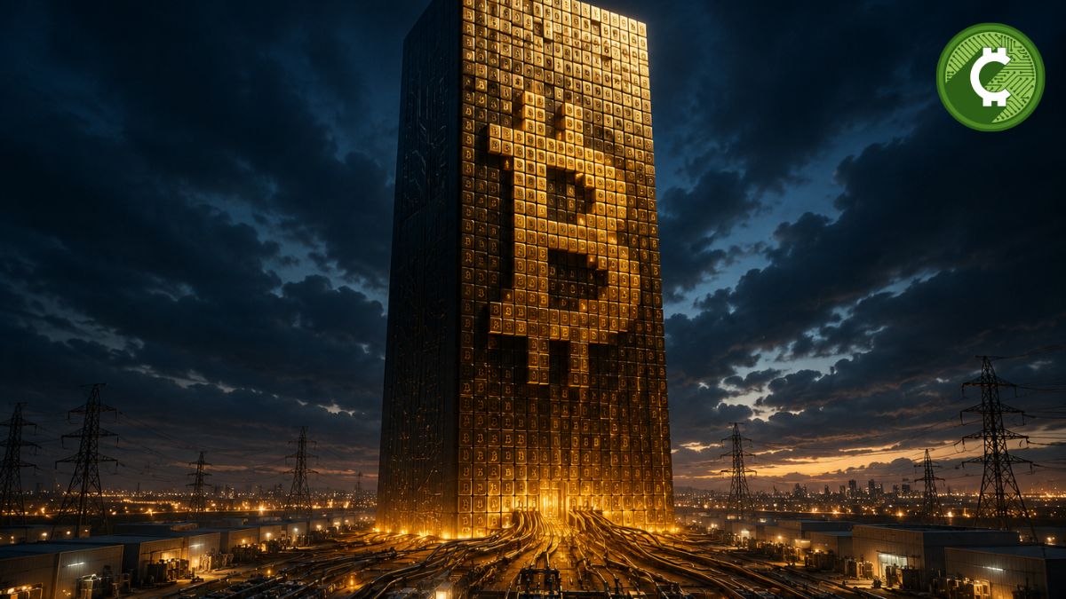 Monolito de Bitcoin que representa el crecimiento de la tesorería de American Bitcoin tras superar los 8.000 BTC luego de una producción récord durante el segundo trimestre.