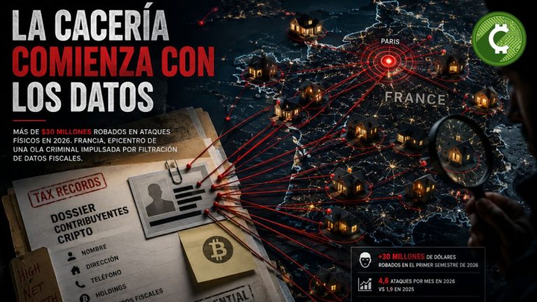 Ilustración editorial que muestra cómo una filtración de datos fiscales en Francia permitió identificar a poseedores de criptomonedas, desencadenando una ola de ataques físicos y robos superiores a 30 millones de dólares en 2026, según Chainalysis.