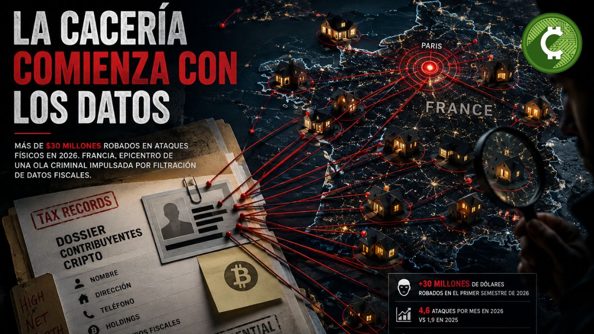 Ilustración editorial que muestra cómo una filtración de datos fiscales en Francia permitió identificar a poseedores de criptomonedas, desencadenando una ola de ataques físicos y robos superiores a 30 millones de dólares en 2026, según Chainalysis.