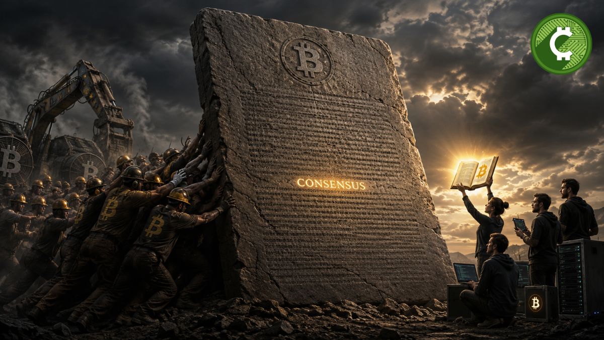 Ilustración conceptual del BIP-110 de Bitcoin mostrando a mineros intentando mover las reglas de consenso mientras operadores de nodos las mantienen firmes, representando el debate sobre la gobernanza de la red.