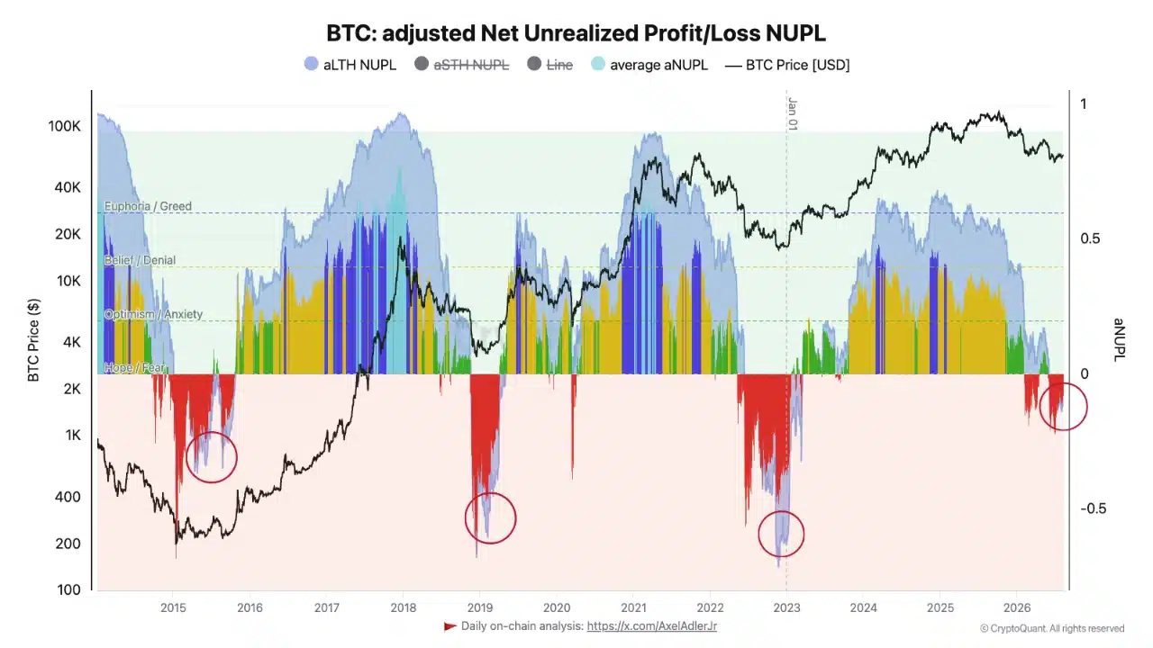 Bitcoin aNUPL muestra pérdidas no realizadas de los tenedores de largo plazo durante distintos ciclos