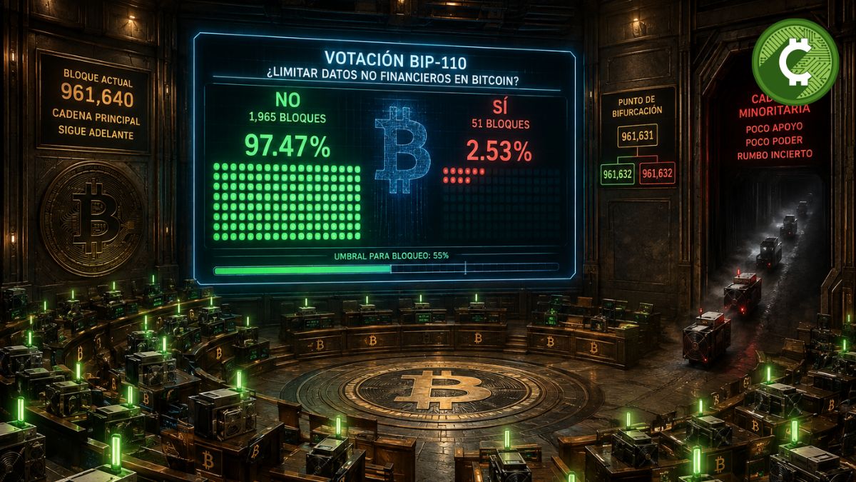 Ilustración de una votación simbólica sobre BIP-110 en Bitcoin, donde la mayoría de los nodos y mineros respalda la cadena principal mientras una minoría continúa en una bifurcación independiente.