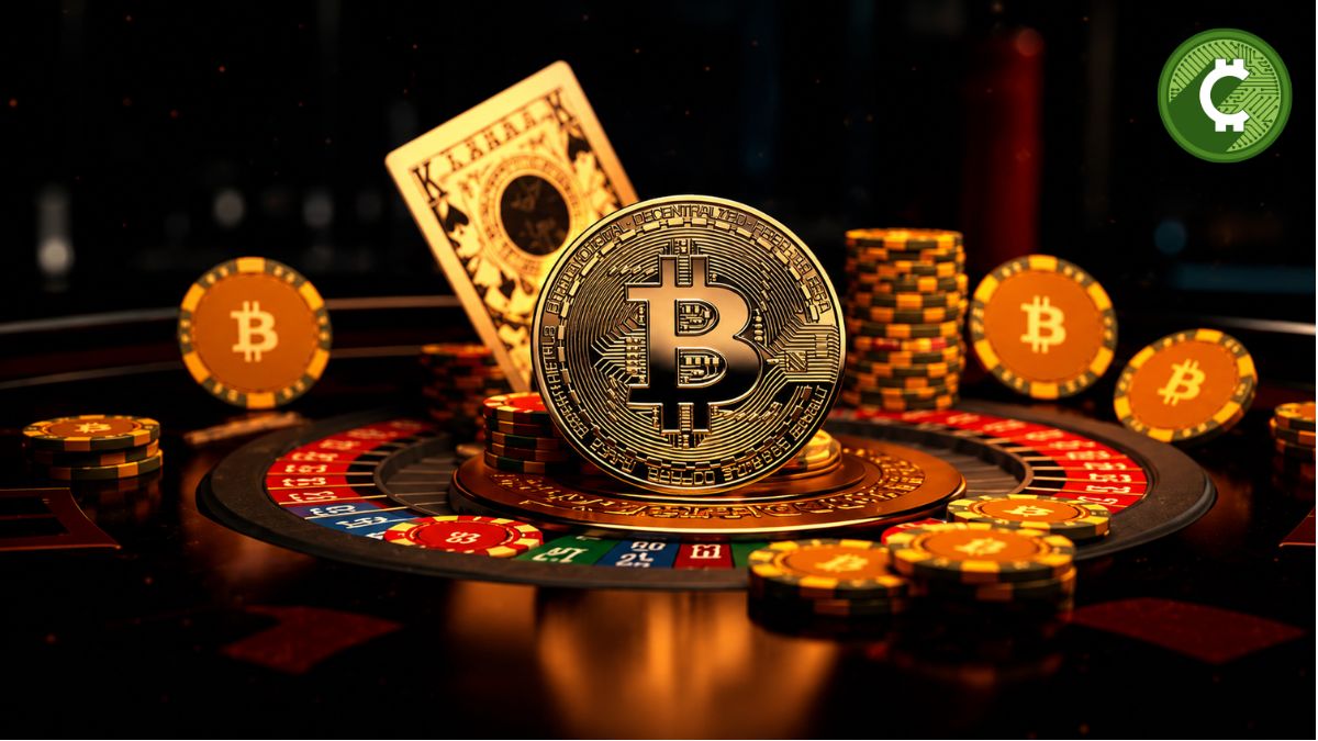 Moneda de Bitcoin sobre una ruleta de casino rodeada de fichas, representando el uso de Bitcoin en plataformas de casino y juegos de azar con criptomonedas.