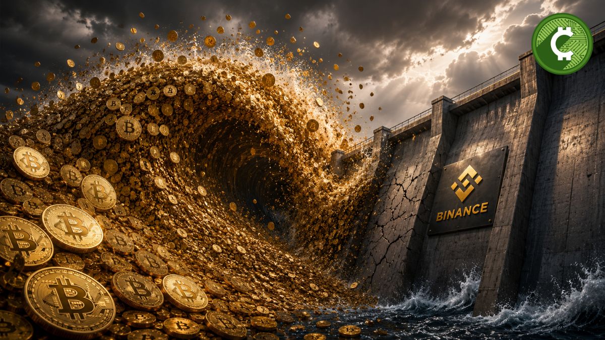 Una ola de monedas de Bitcoin impacta una presa con el logotipo de Binance, representando el aumento histórico de depósitos de BTC hacia el exchange según CryptoQuant.