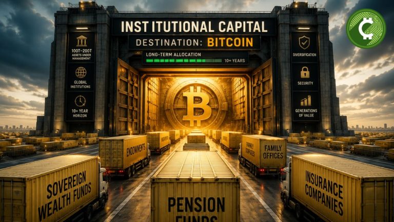 Ilustración de capital institucional ingresando a Bitcoin mediante una gran bóveda financiera, representando la inversión de fondos de pensiones, aseguradoras y fondos soberanos.
