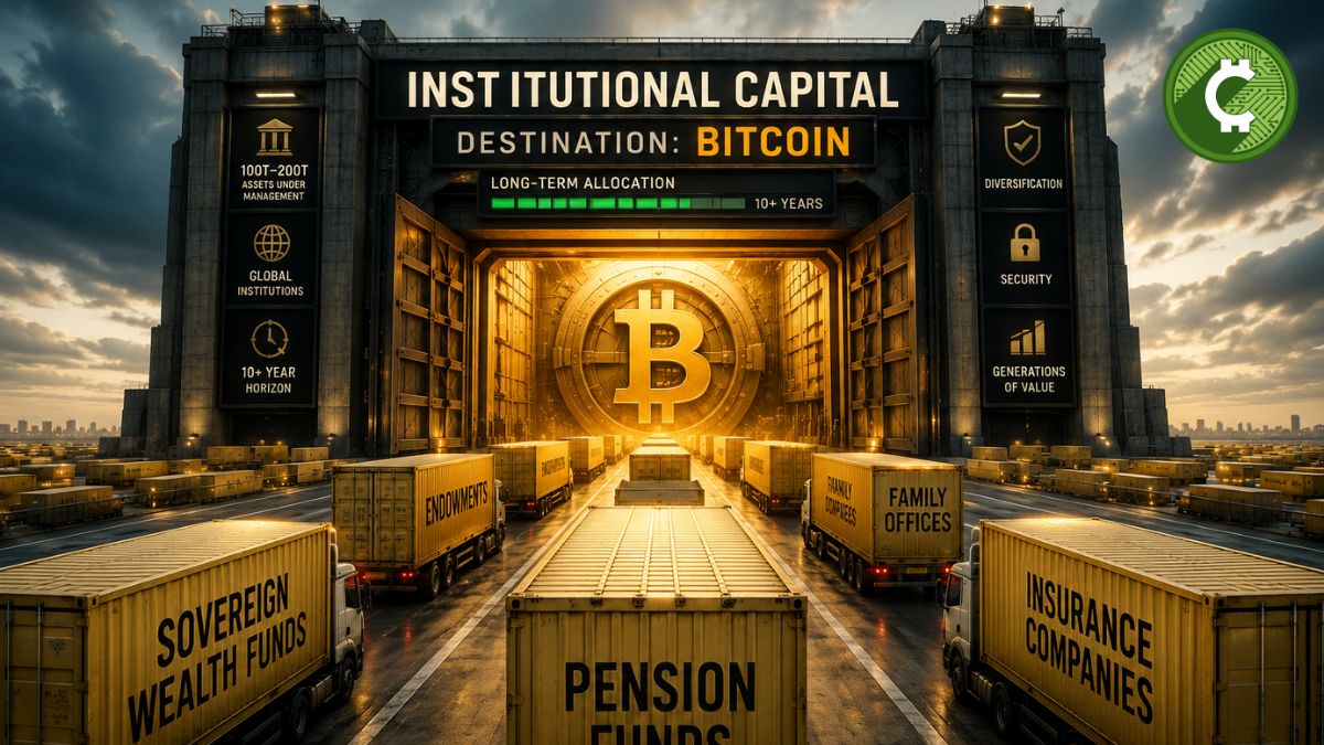 Ilustración de capital institucional ingresando a Bitcoin mediante una gran bóveda financiera, representando la inversión de fondos de pensiones, aseguradoras y fondos soberanos.