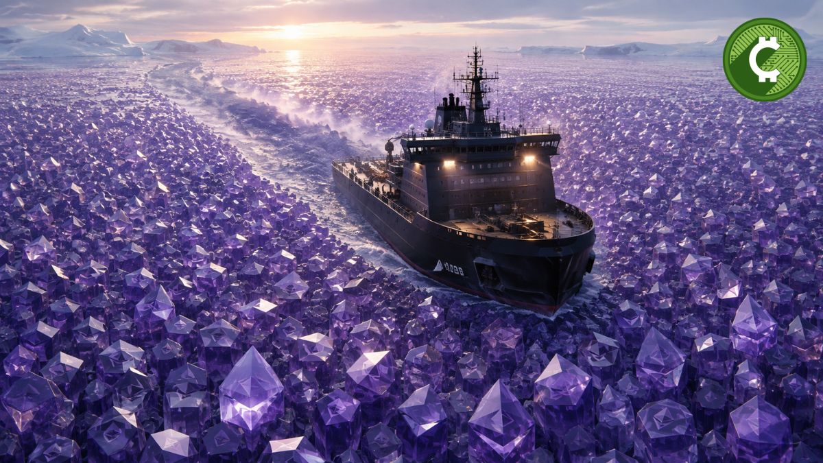 Rompehielos navegando sobre un océano de cristales que representan Ethereum, ilustrando la compra de 10.399 ETH por parte de Bitmine para ampliar su tesorería corporativa.