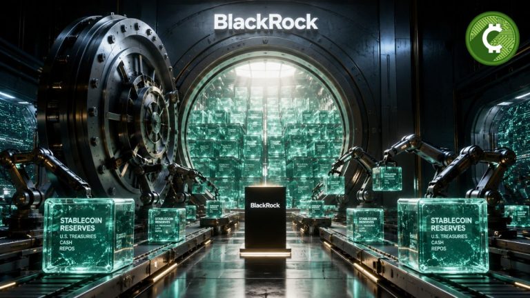 Bóveda futurista que representa los nuevos fondos tokenizados de BlackRock para gestionar reservas de stablecoins respaldadas por bonos del Tesoro y efectivo.
