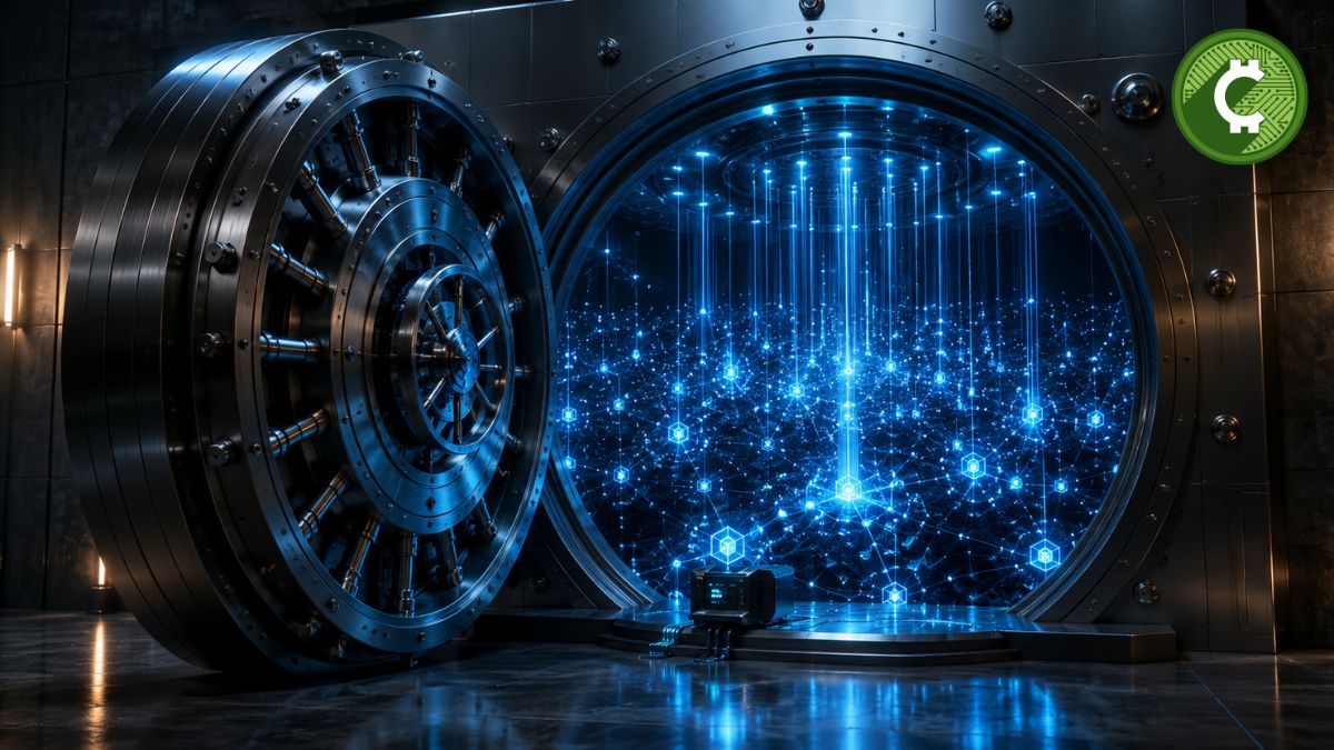 Cámara acorazada futurista que representa el servicio de staking de criptomonedas de BNY para clientes institucionales mediante su alianza con Galaxy.