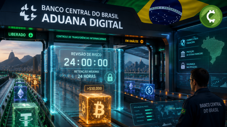 Aduana digital del Banco Central de Brasil revisando una transferencia internacional de criptomonedas superior a 10.000 dólares antes de autorizar su envío al extranjero.