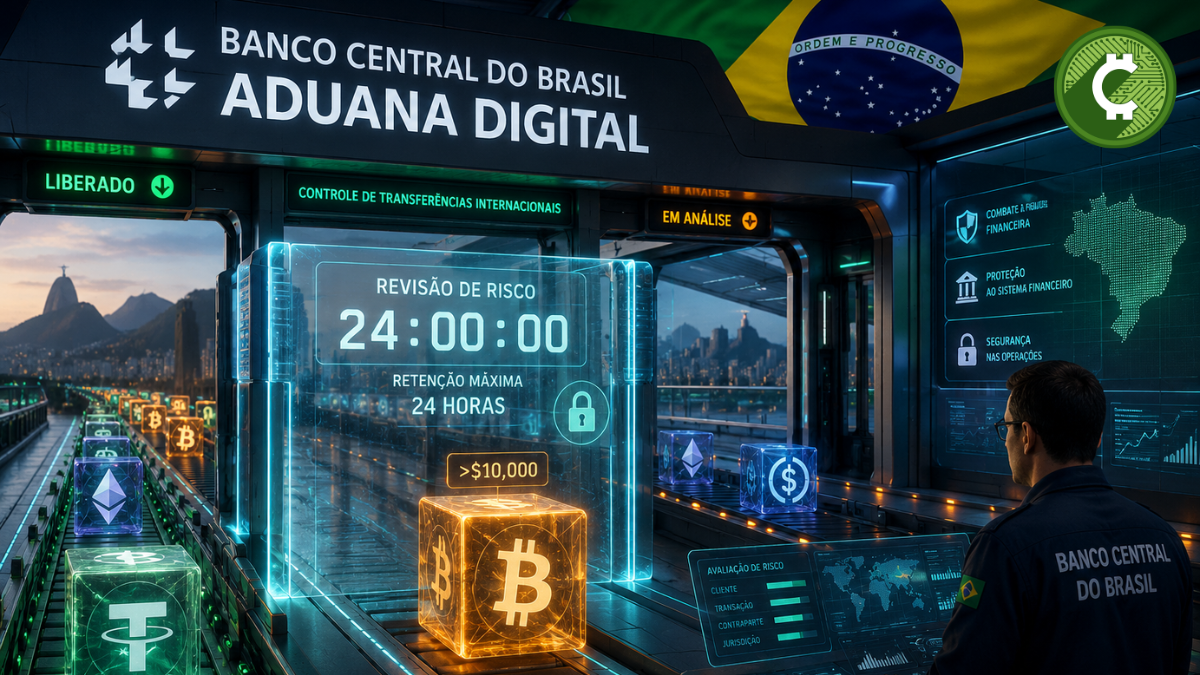 Aduana digital del Banco Central de Brasil revisando una transferencia internacional de criptomonedas superior a 10.000 dólares antes de autorizar su envío al extranjero.