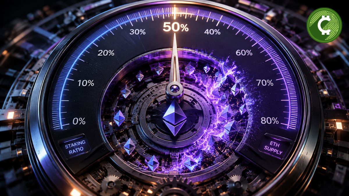 Ilustración conceptual de un reloj futurista que representa la propuesta de Ethereum para quemar progresivamente las recompensas de los validadores cuando el staking alcance el 50% del suministro de ETH.
