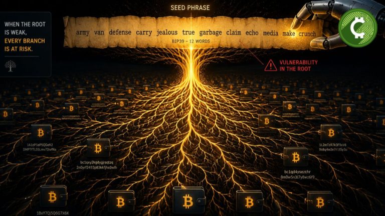 Ilustración de un árbol de claves criptográficas que representa cómo una vulnerabilidad en las frases semilla de Coldcard permitió el robo de 1.367 BTC desde miles de billeteras de Bitcoin.