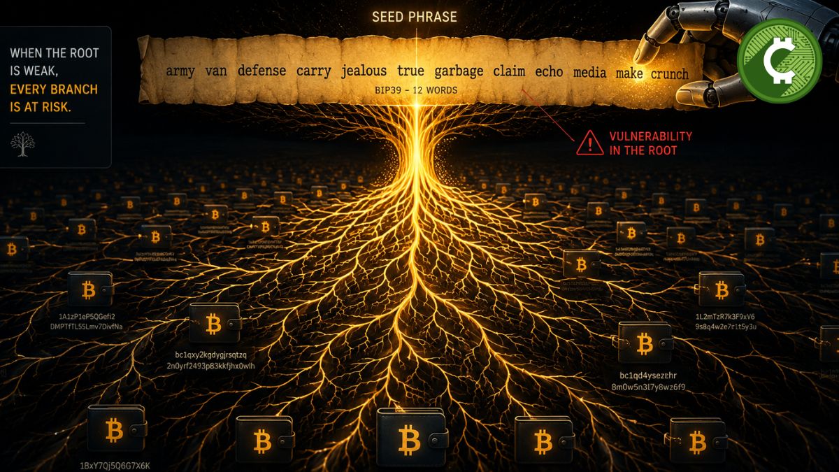 Ilustración de un árbol de claves criptográficas que representa cómo una vulnerabilidad en las frases semilla de Coldcard permitió el robo de 1.367 BTC desde miles de billeteras de Bitcoin.