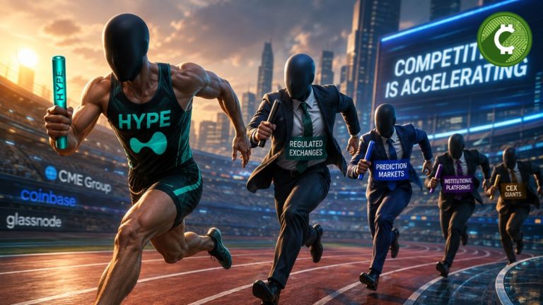 Ilustración de una carrera de relevos donde Hyperliquid lidera mientras plataformas reguladas y nuevos competidores intentan alcanzarlo, representando el estancamiento de los ETF de HYPE según JPMorgan.