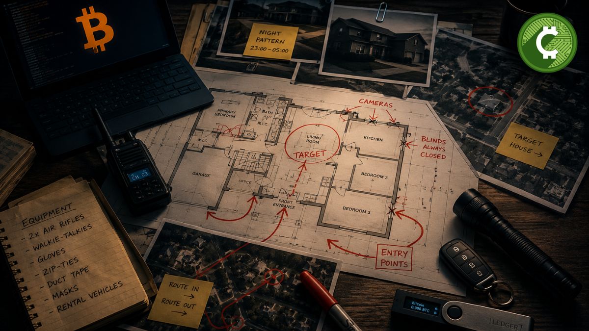 Plano de una presunta operación para robar Bitcoin mediante una invasión domiciliaria en Estados Unidos, con mapas, fotografías de vigilancia y una billetera de criptomonedas sobre una mesa de planificación.