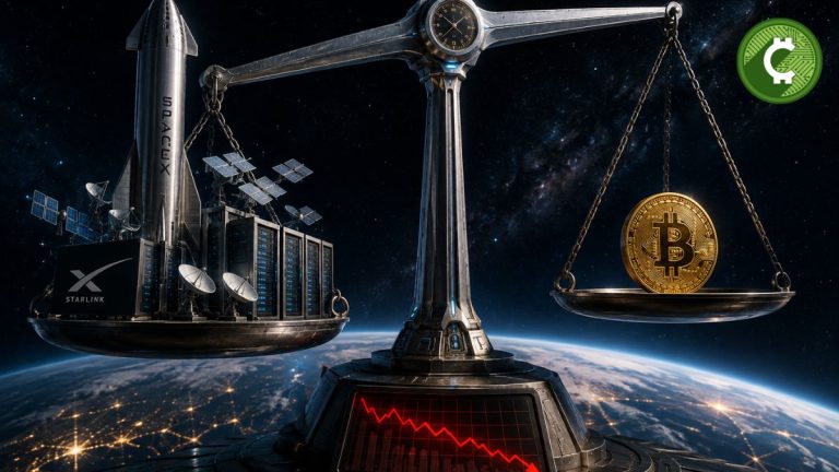 Ilustración de una balanza futurista que simboliza el equilibrio entre las inversiones de SpaceX en Starlink, Starship e inteligencia artificial y su reserva de Bitcoin tras la caída del 11% de sus acciones.