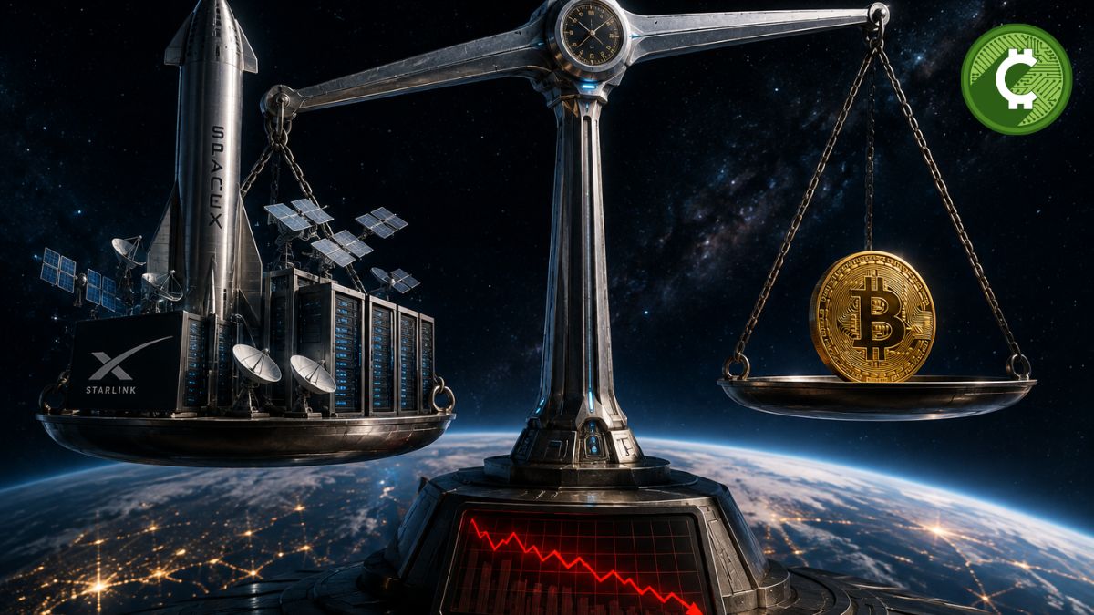 Ilustración de una balanza futurista que simboliza el equilibrio entre las inversiones de SpaceX en Starlink, Starship e inteligencia artificial y su reserva de Bitcoin tras la caída del 11% de sus acciones.