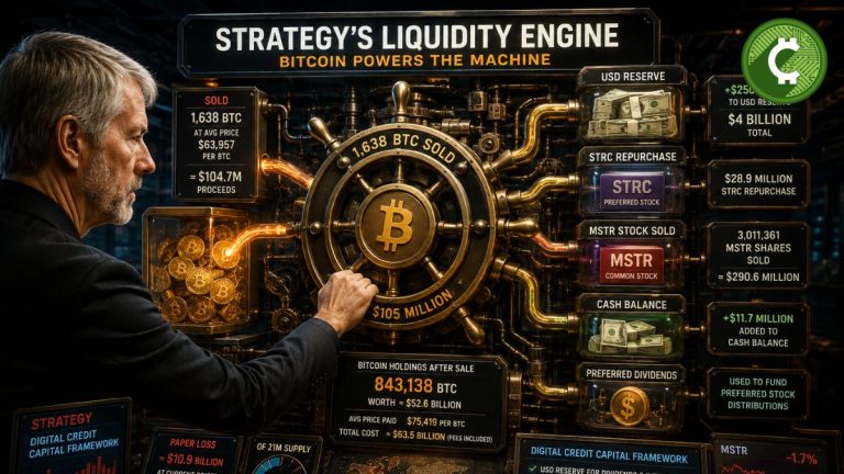 Ilustración conceptual de Michael Saylor operando un tablero de liquidez donde Bitcoin impulsa las reservas de efectivo, dividendos y recompras de acciones tras la venta de 1.638 BTC por Strategy.