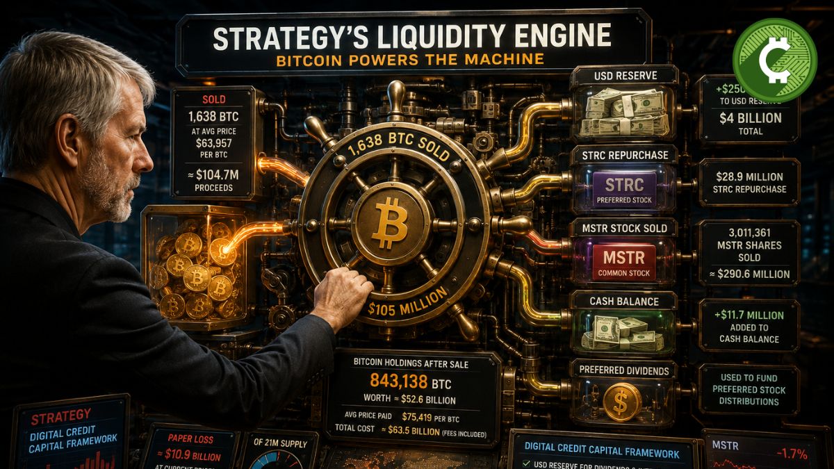 Ilustración conceptual de Michael Saylor operando un tablero de liquidez donde Bitcoin impulsa las reservas de efectivo, dividendos y recompras de acciones tras la venta de 1.638 BTC por Strategy.