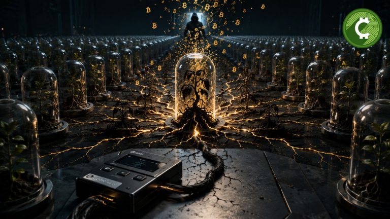 Ilustración conceptual de una vulnerabilidad en las billeteras Coldcard que compromete miles de frases semilla y podría causar pérdidas de hasta 2.055 BTC, según Galaxy Research.