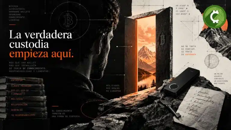 Autocustodia de Bitcoin representada mediante una hardware wallet y conceptos de seguridad, entropía y claves privadas