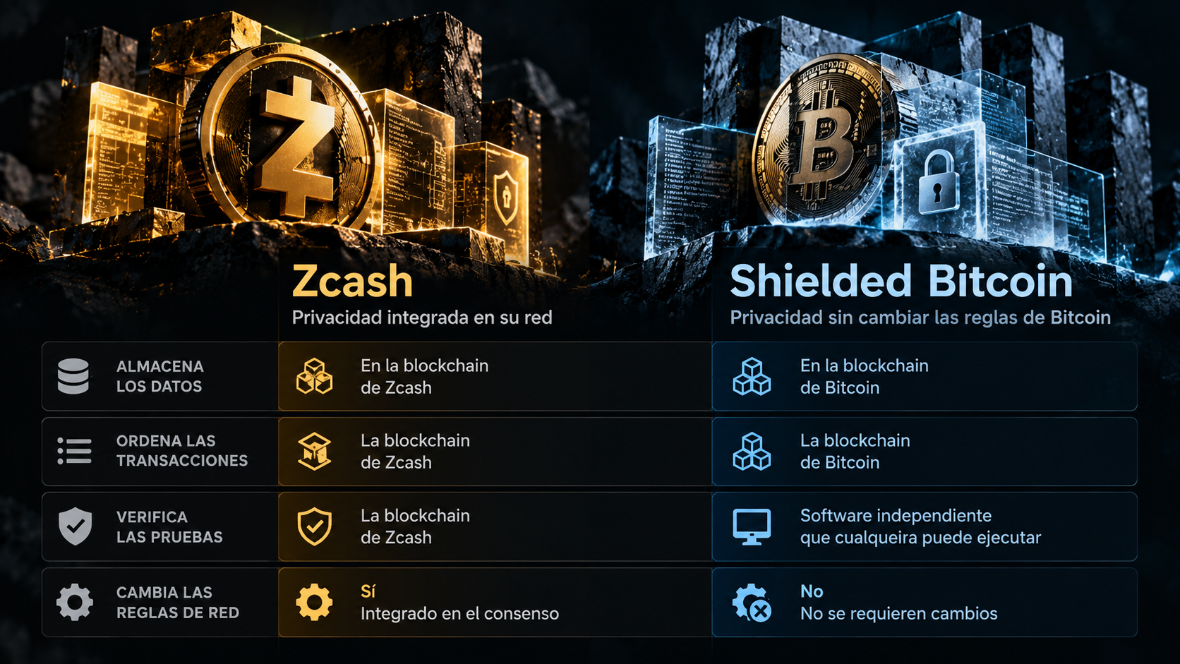 Shielded Bitcoin y Zcash: comparación de privacidad y verificación