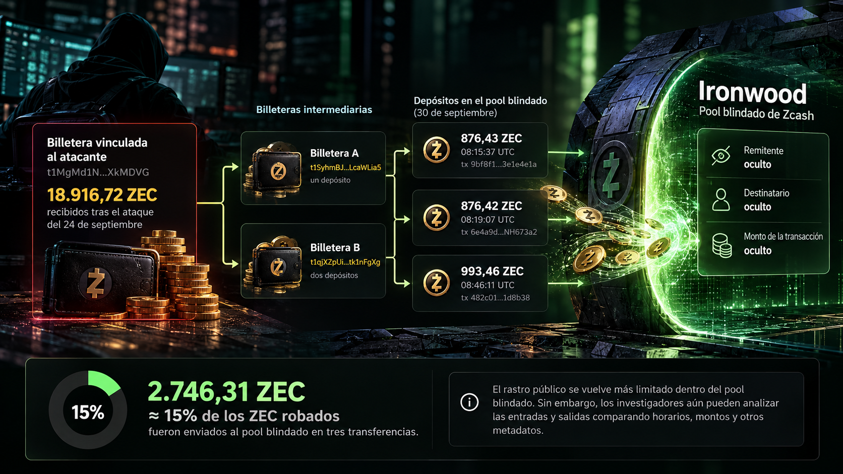 Hackers de Bitget mueven 2.746 ZEC al pool blindado Ironwood de Zcash