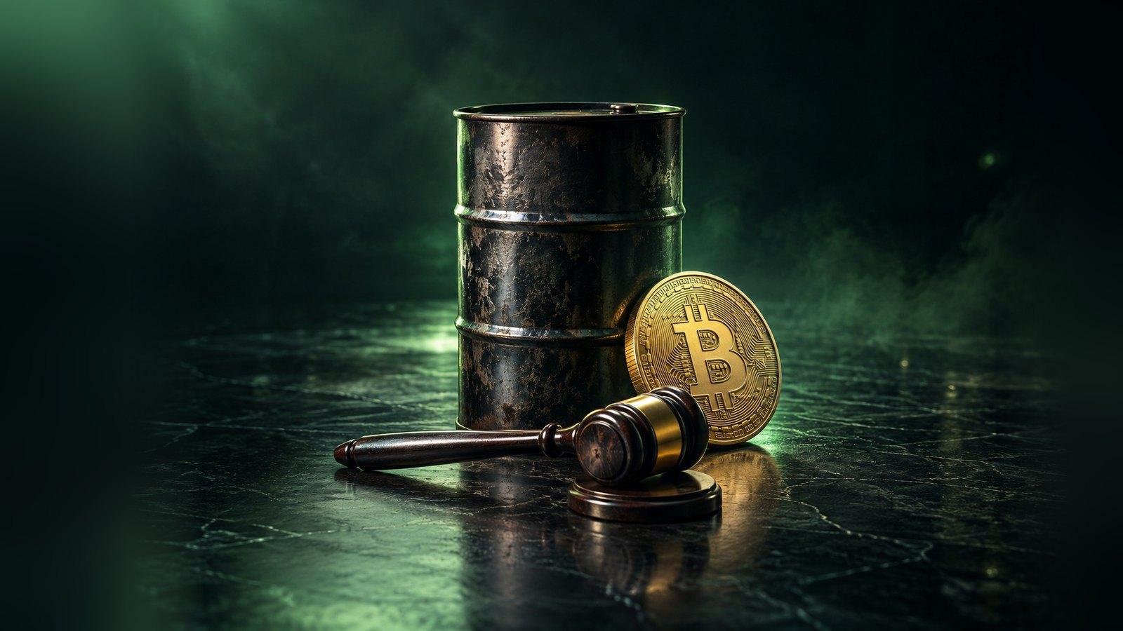 Un barril de petróleo, una moneda de bitcoin y un mazo de juez sobre una superficie de piedra oscura