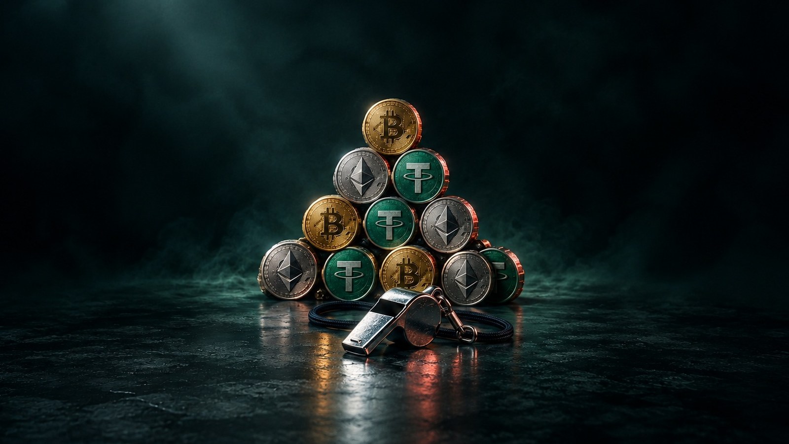 Una pirámide de monedas de bitcoin, ether y USDT con un silbato de árbitro delante