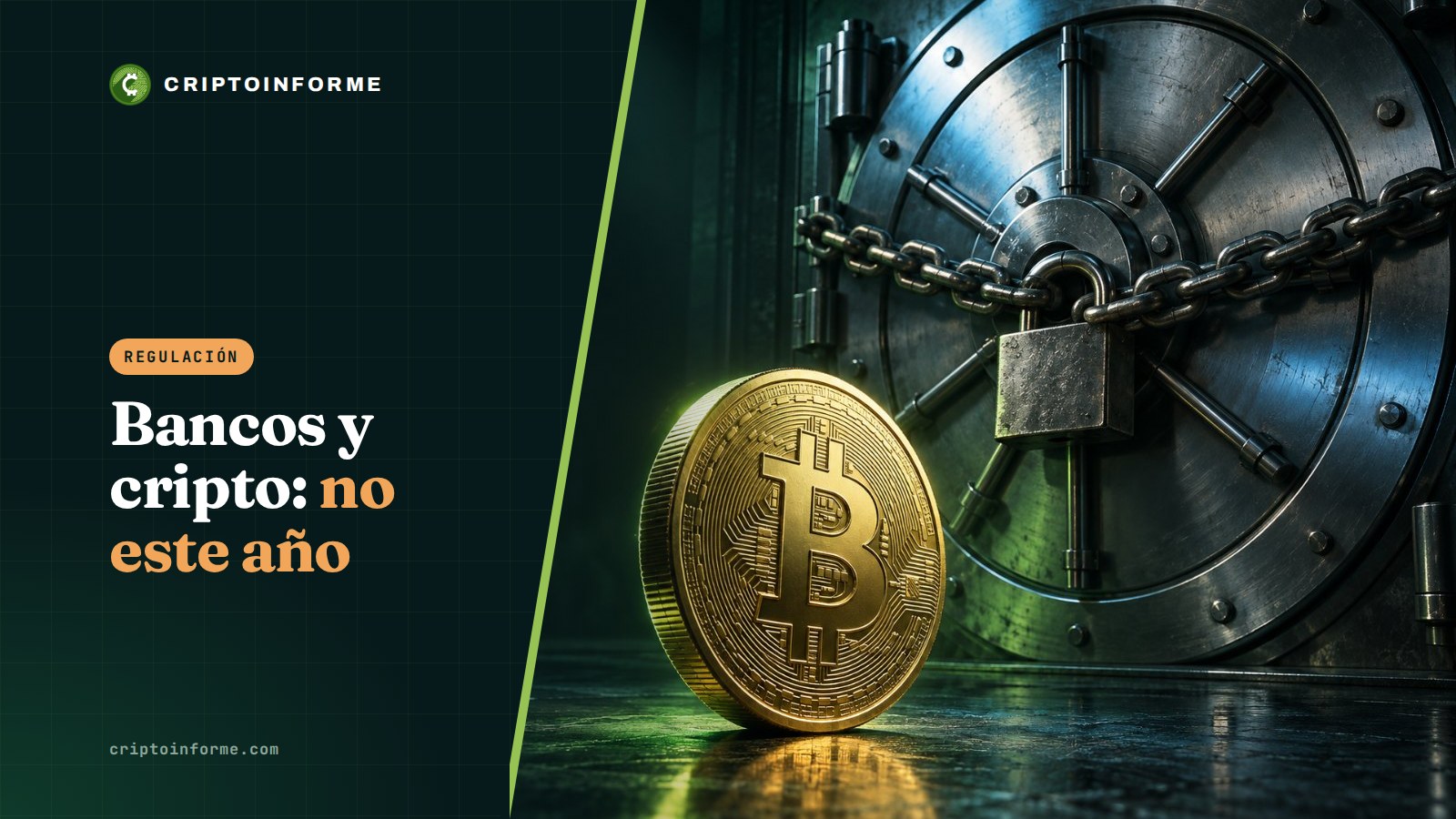 Moneda de bitcoin frente a una bóveda bancaria cerrada con cadena y candado