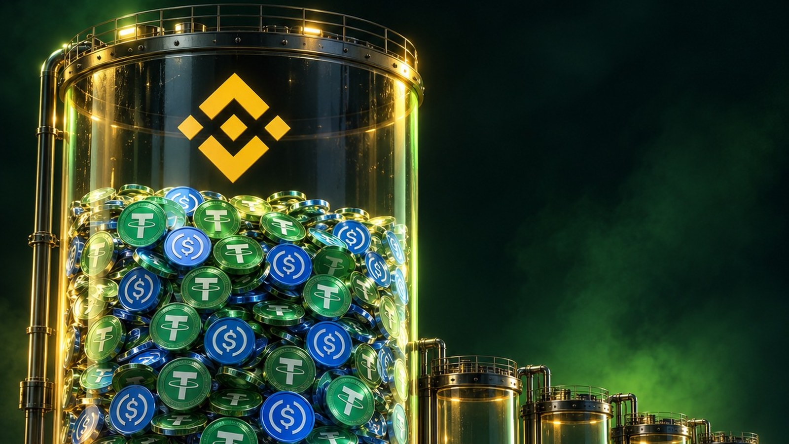 Tanque de vidrio con el logo de Binance lleno de monedas de USDT y USDC junto a tanques casi vacíos