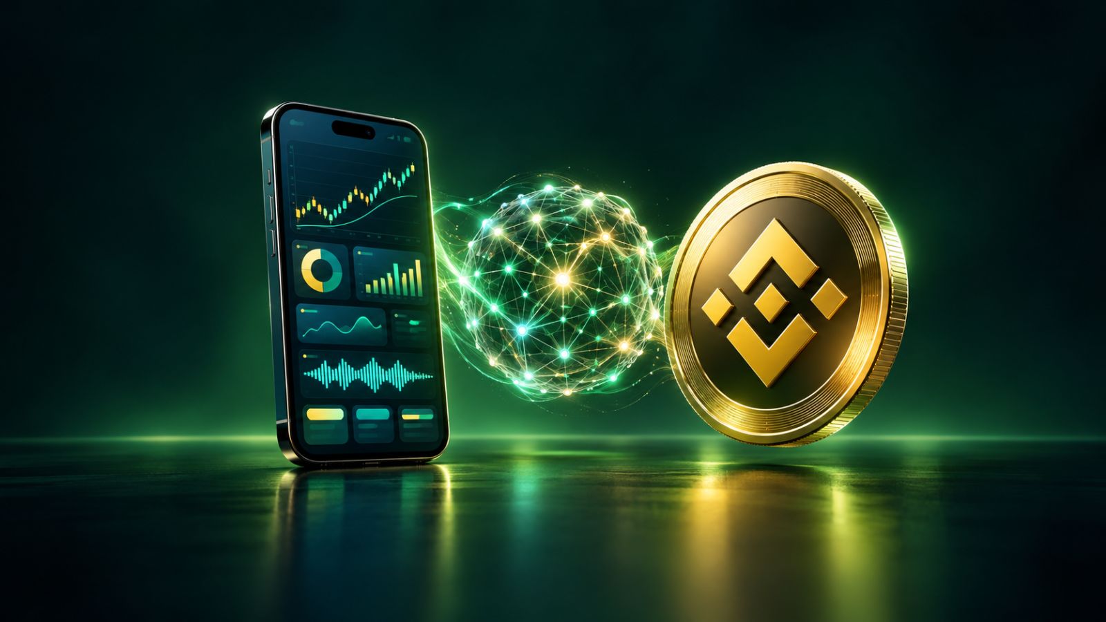 Celular con un panel de trading personalizado, una esfera de red neuronal y una moneda con el logo de Binance
