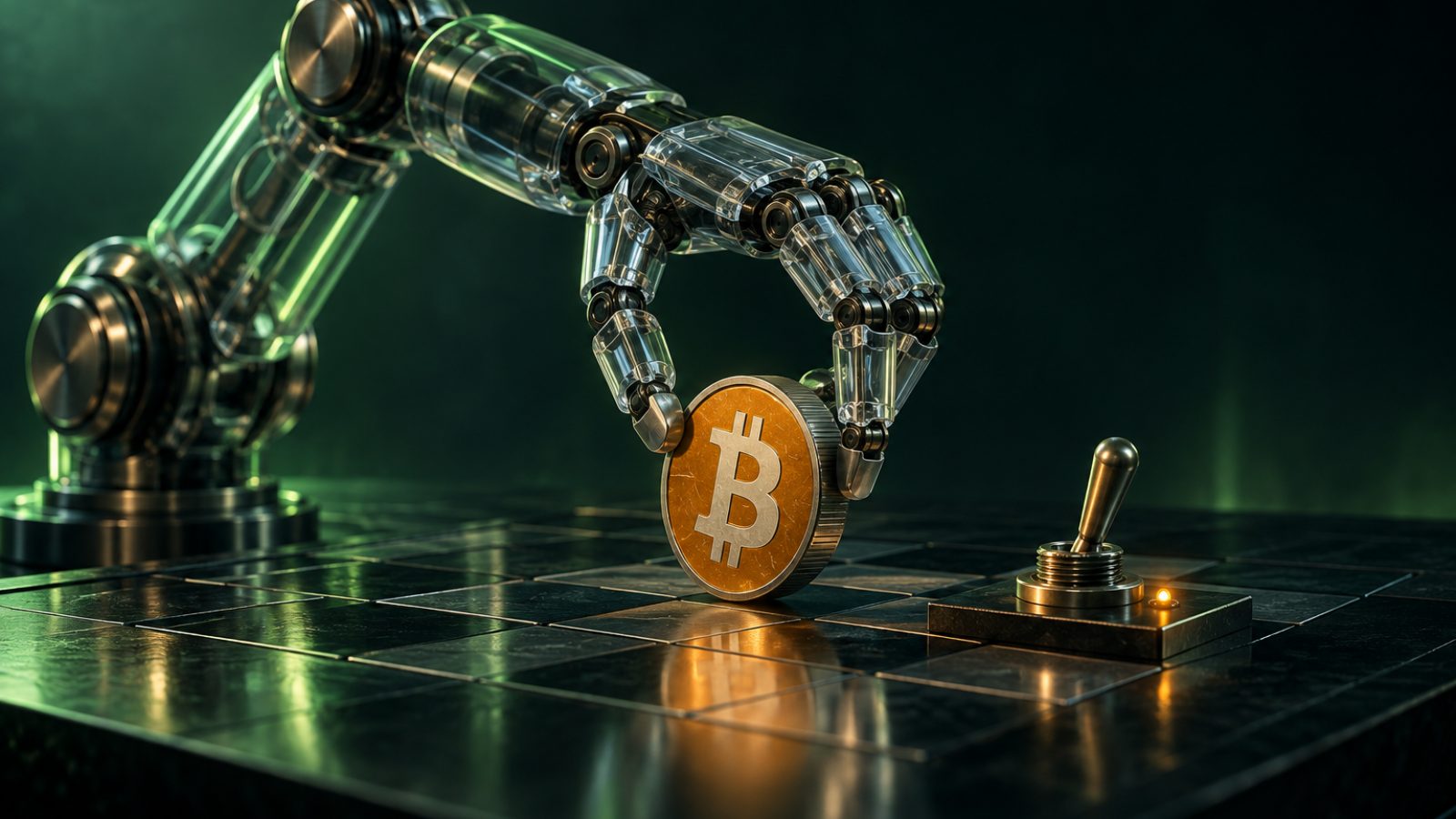 Brazo robótico de vidrio que mueve una moneda de bitcoin junto a un interruptor de aprobación