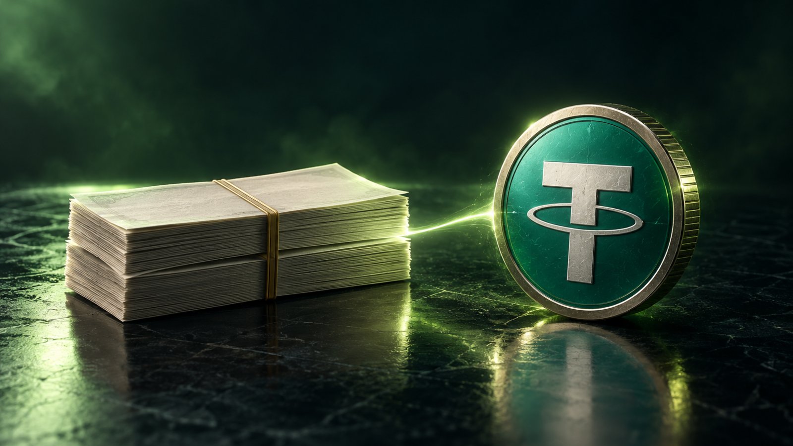 Fajo de billetes sin impresión unido por un puente de luz a una moneda de USDT