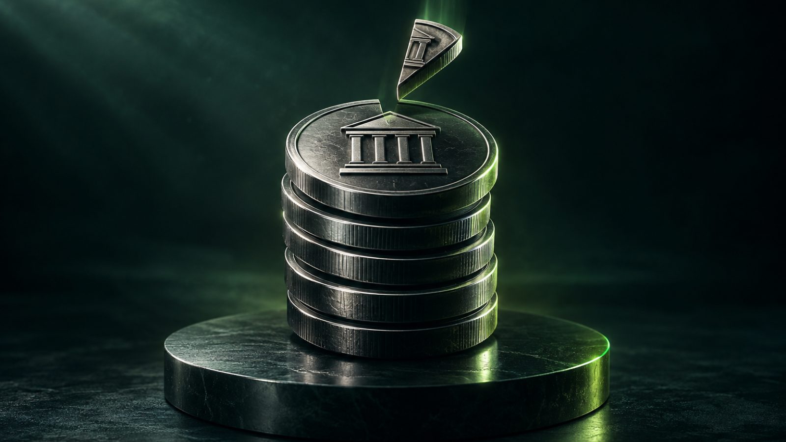 Pila de tokens con el ícono de una bolsa de valores y una fracción de token que cae sobre ella