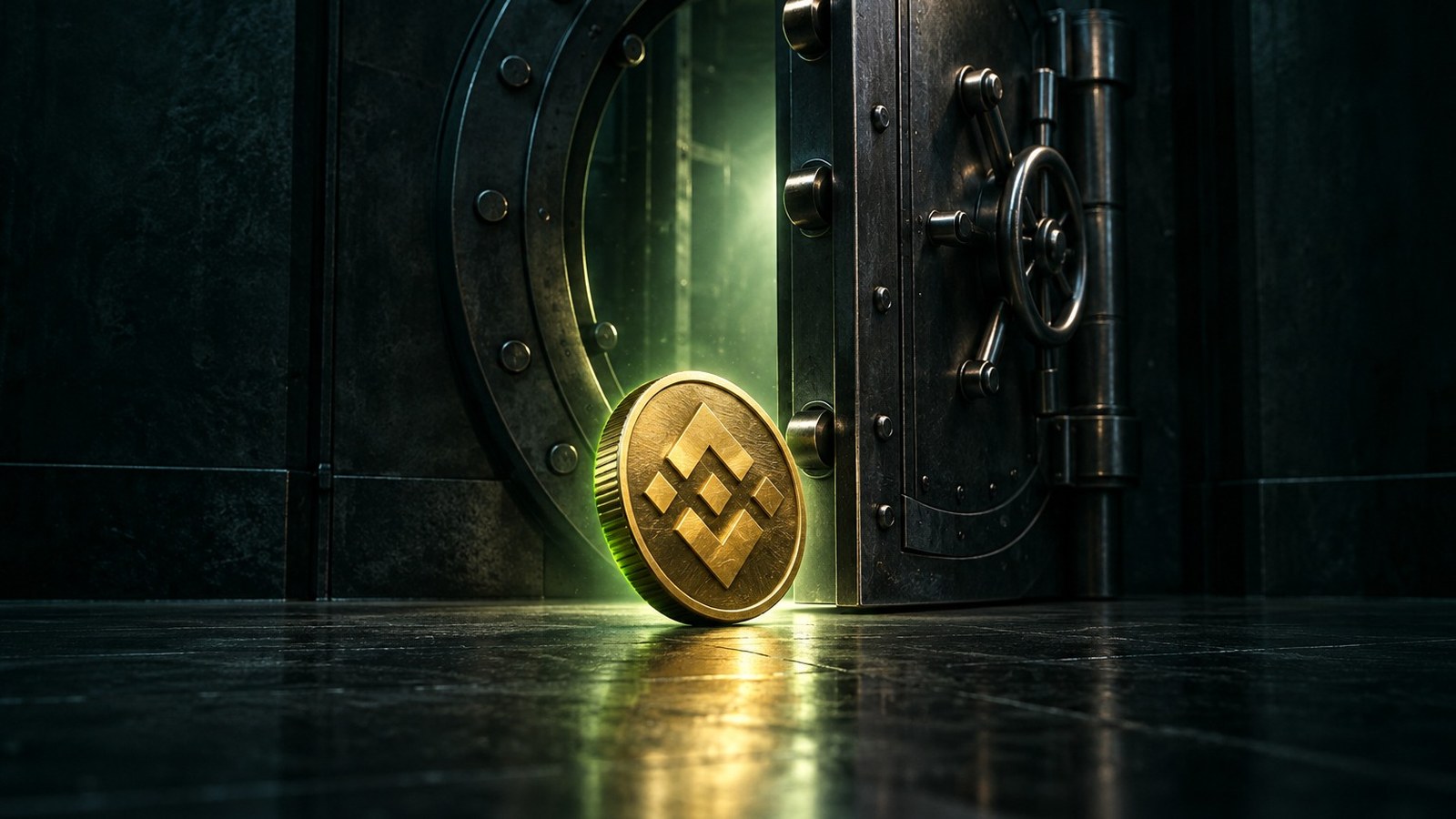 Una moneda de BNB que sale rodando por la abertura de una puerta de bóveda entreabierta