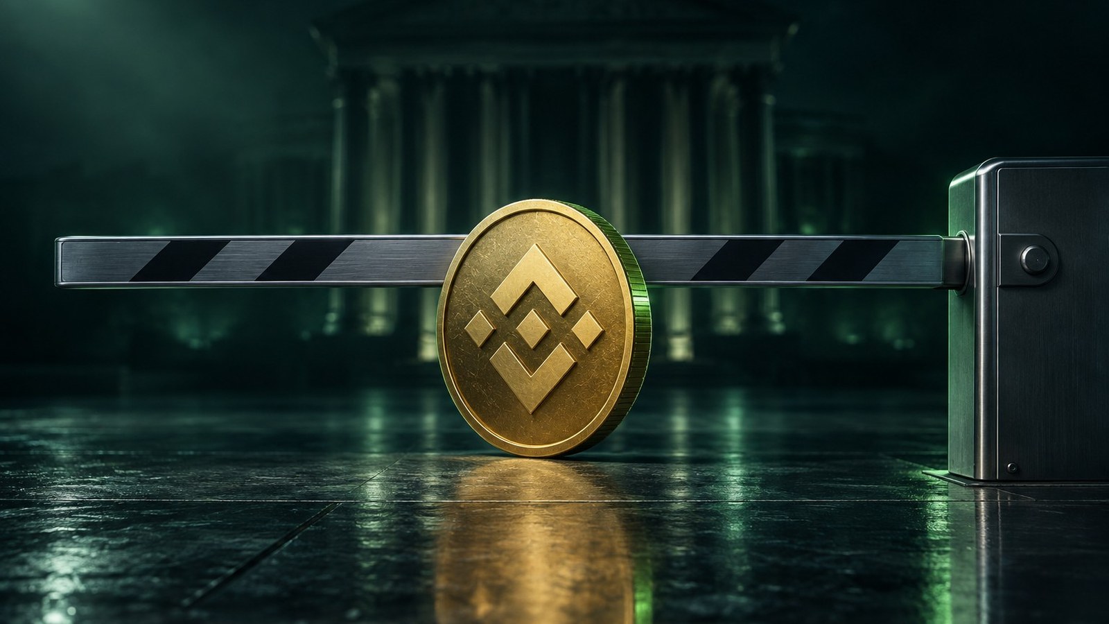 Moneda con el logo de Binance detenida frente a una barrera cerrada, con las columnas de un banco central al fondo