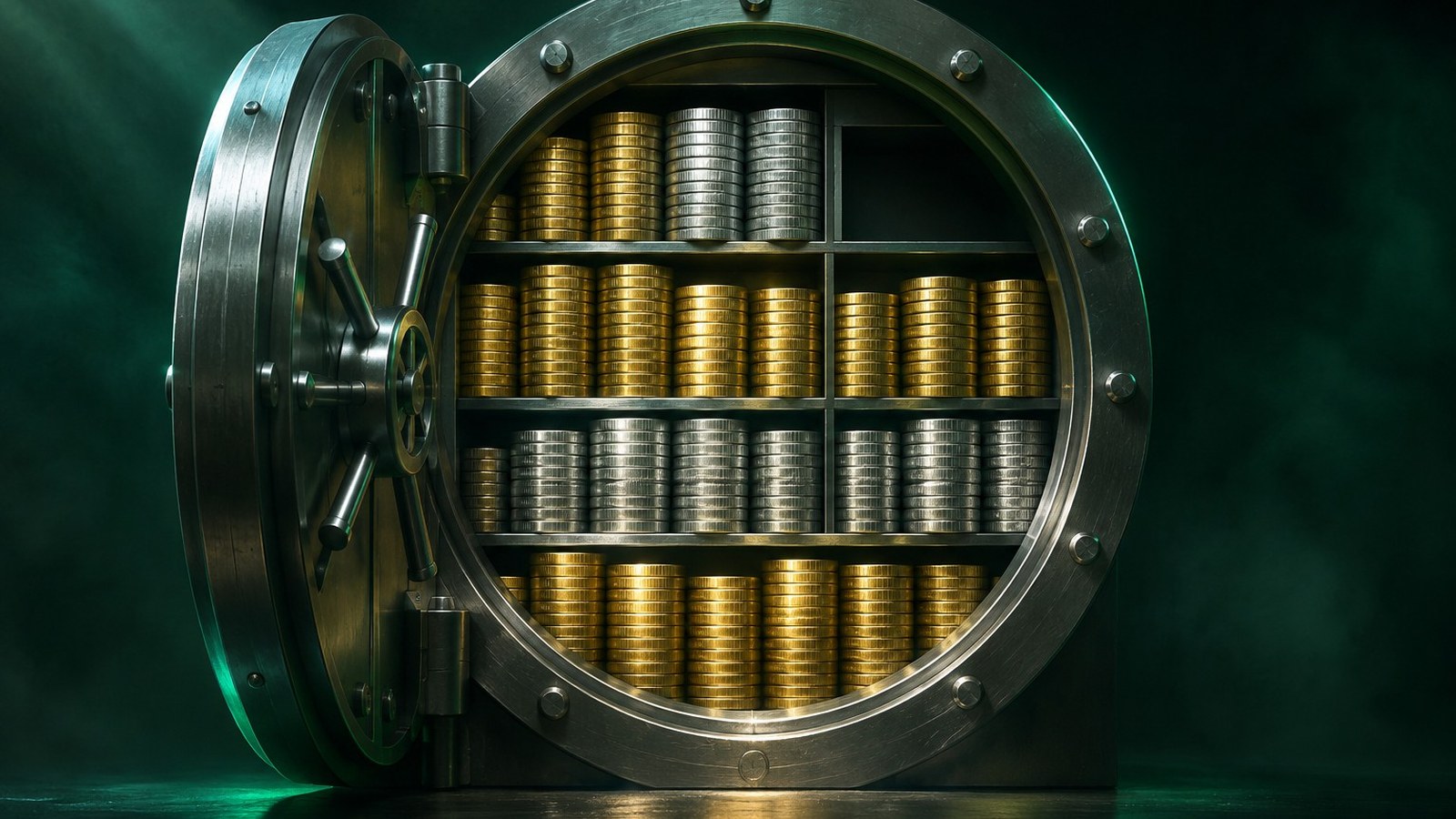 Bóveda de acero abierta con pilas de monedas doradas y plateadas que casi llenan sus estantes