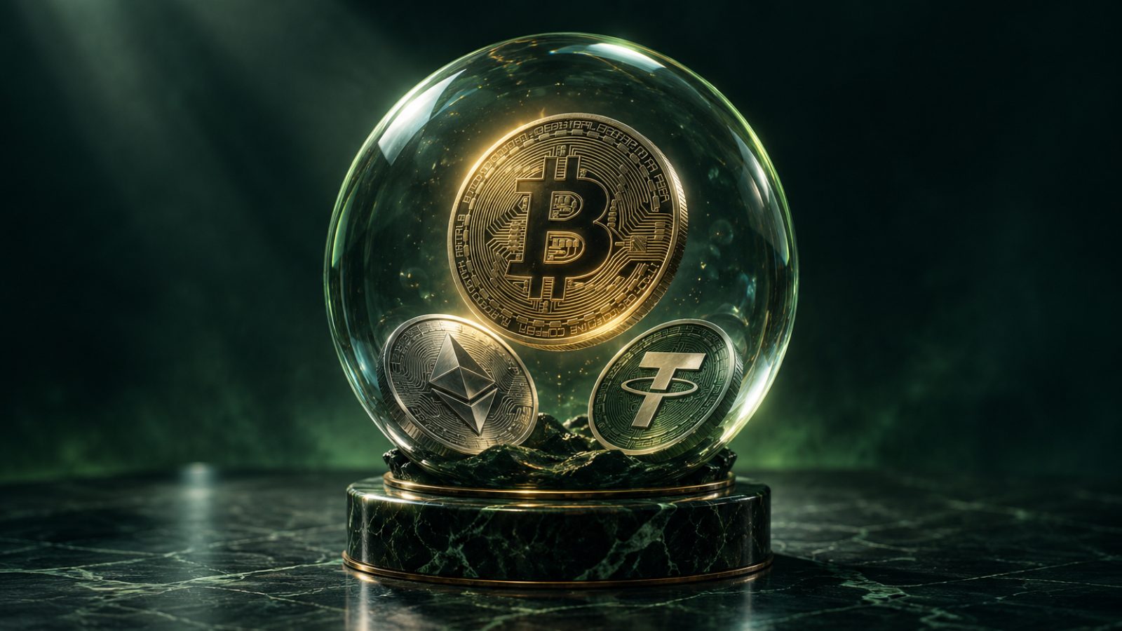 Bola de cristal con monedas de bitcoin, ether y USDT: las proyecciones del mercado cripto de Binance Research para 2028