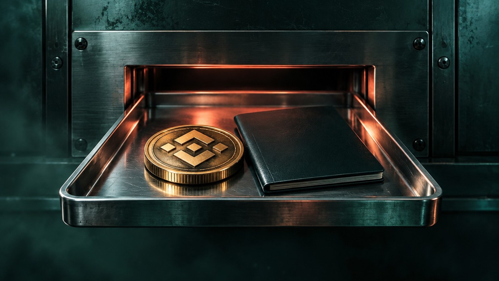 Moneda con el logo de Binance y una libreta tipo pasaporte en una bandeja que pasa por la ranura de un muro de acero