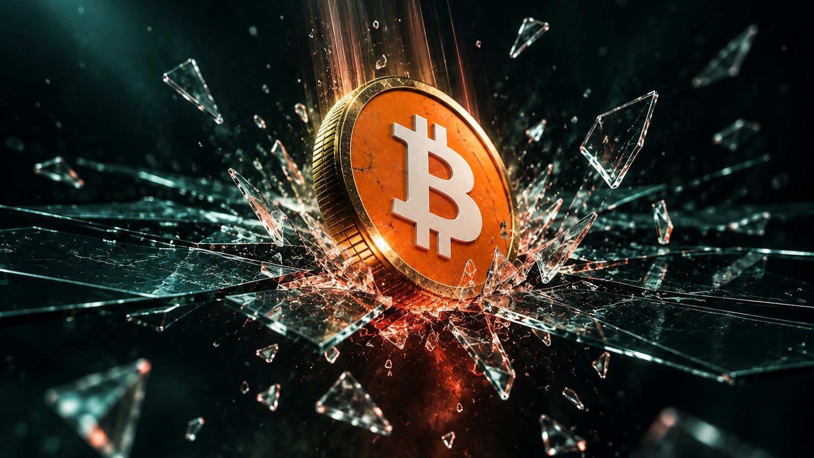 Moneda de bitcoin cayendo y rompiendo un panel de vidrio en pedazos