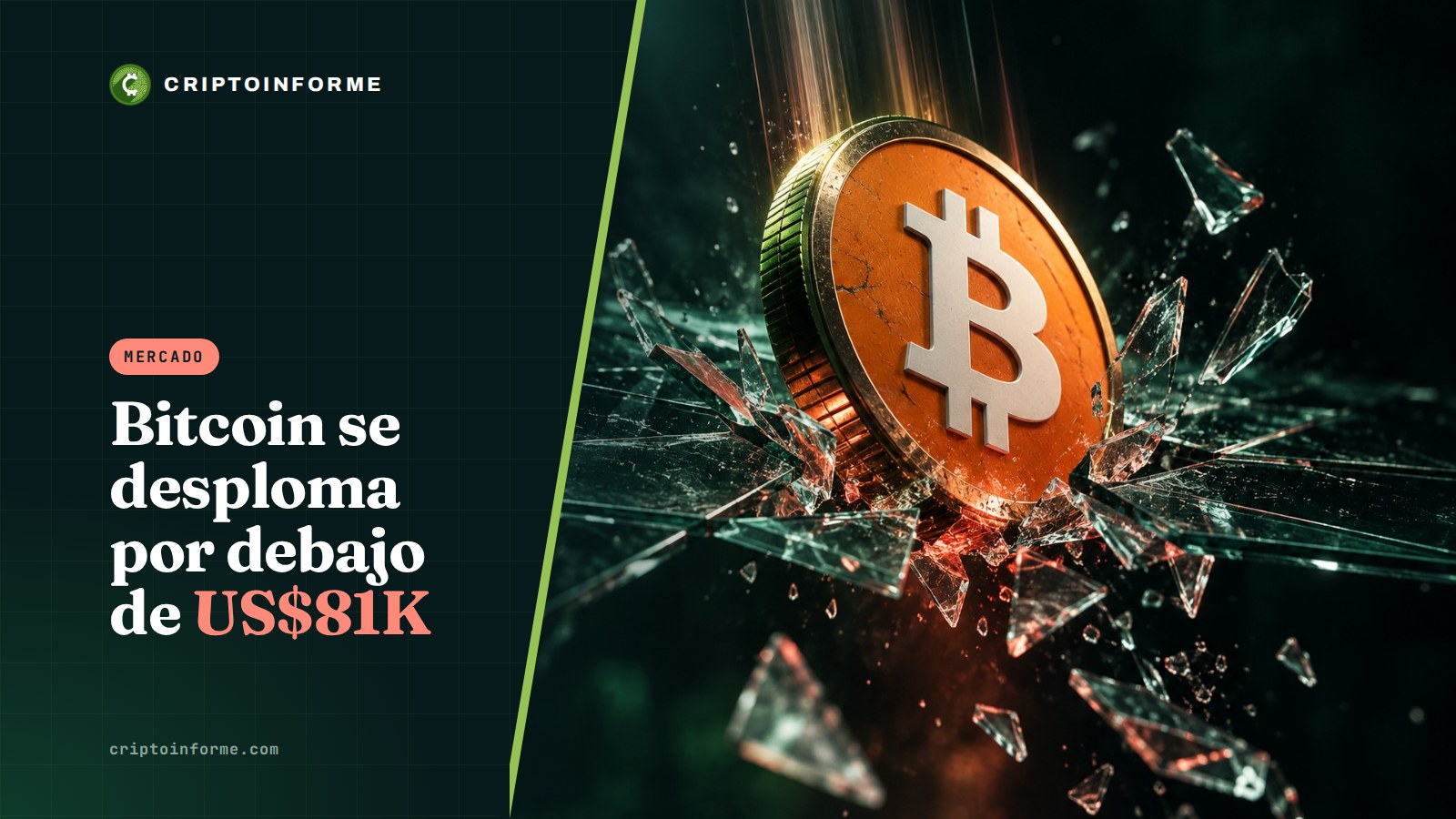 Moneda de bitcoin cayendo y rompiendo un panel de vidrio en pedazos