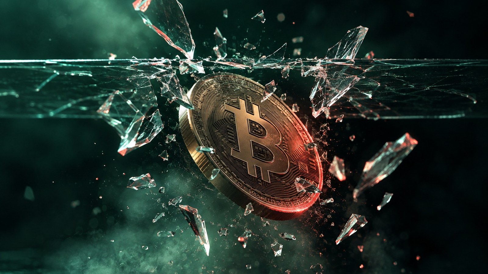 Moneda de bitcoin que atraviesa y rompe un cristal horizontal