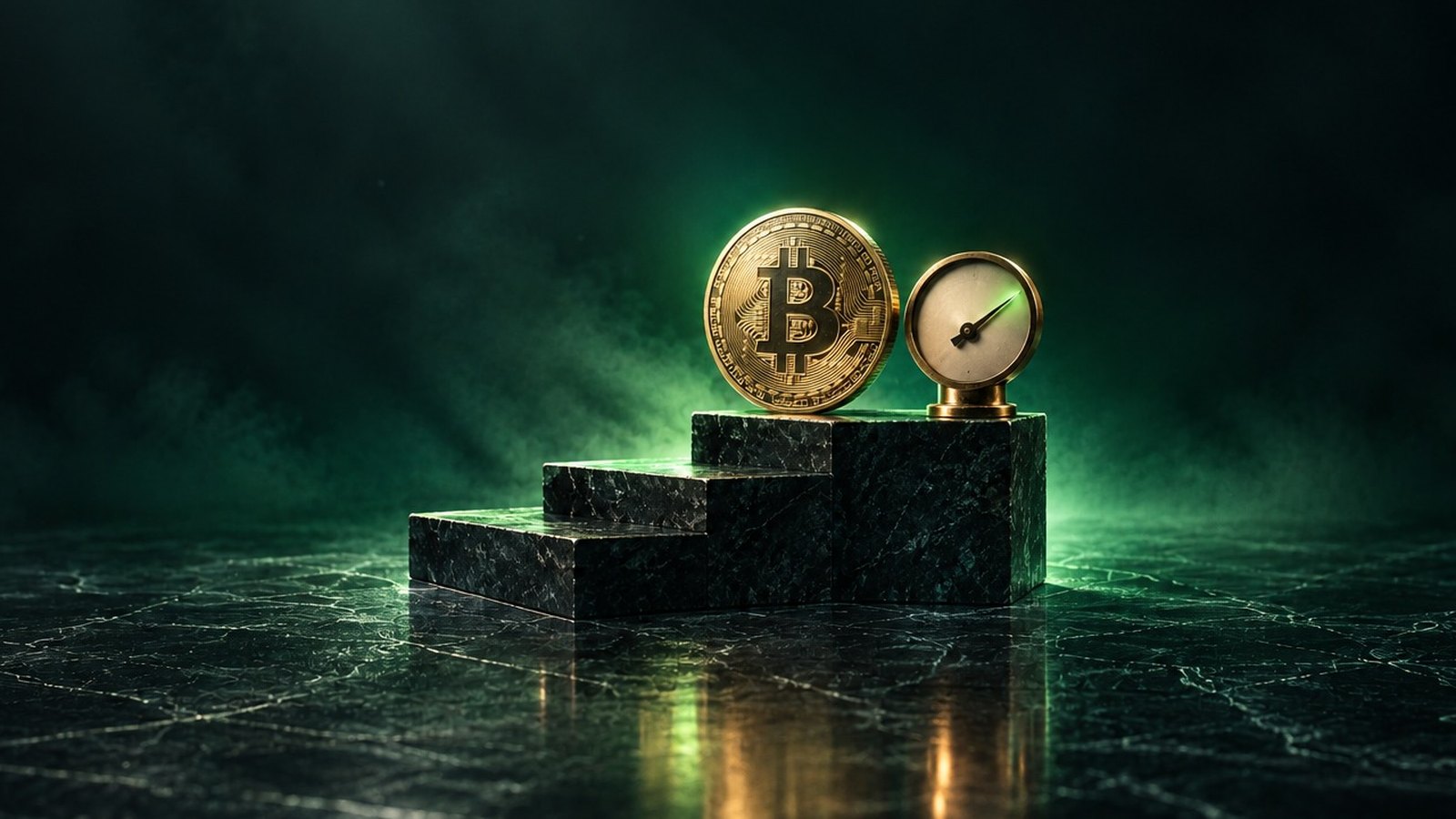 Una moneda de bitcoin en lo alto de una escalera de piedra junto a un manómetro de latón con la aguja al máximo