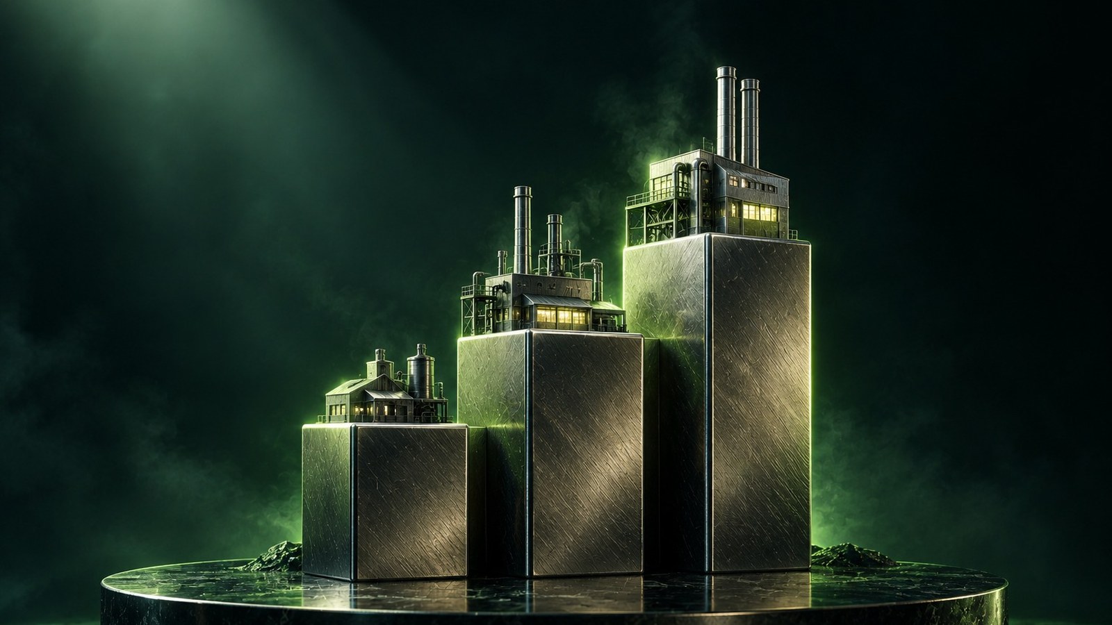 Maqueta metálica de una fábrica sobre tres columnas ascendentes, símbolo de inversión en empresas del Plan México